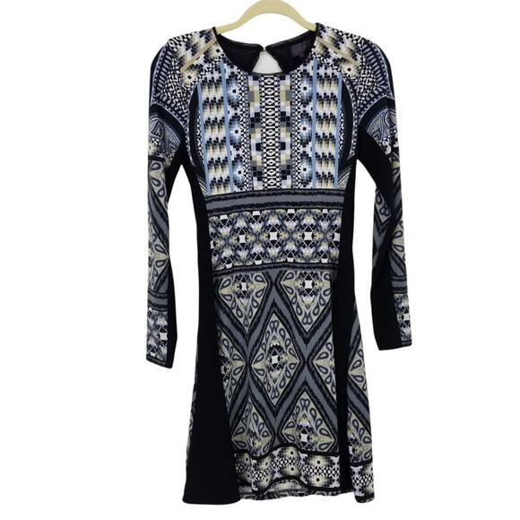 Hale Bob Geometric Print Bodycon Mini Dress XS Long Sleeve Jersey Knit Black - Picture 3 of 14